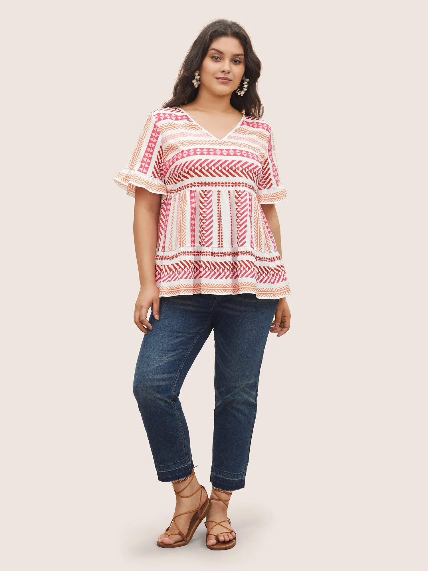 V Neck Geometric Patchwork Ruffles Blouse sold by Bloomchic product image thumbnail 2