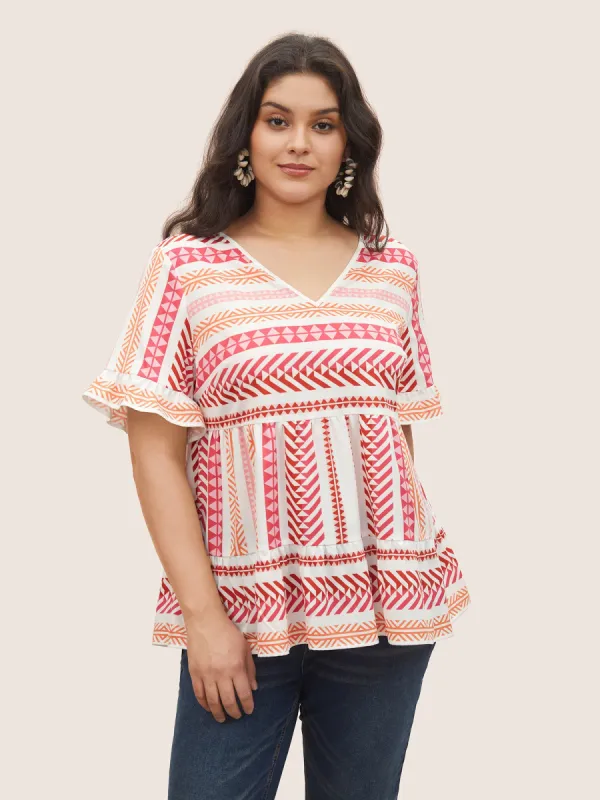 V Neck Geometric Patchwork Ruffles Blouse sold by Bloomchic