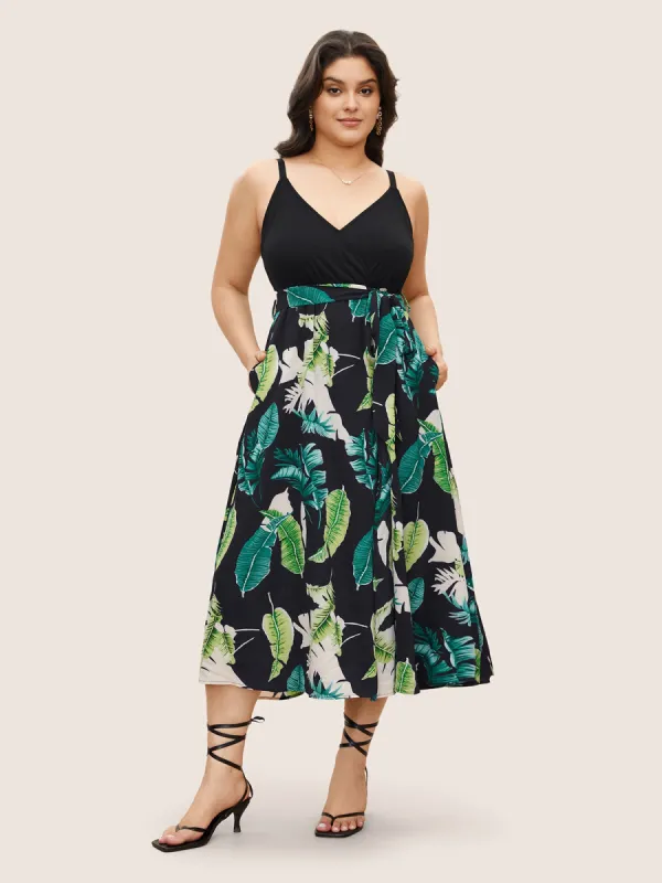 Tropical Print Pocket Wrap Belt Spaghetti Strap Flutter Dress sold by Bloomchic