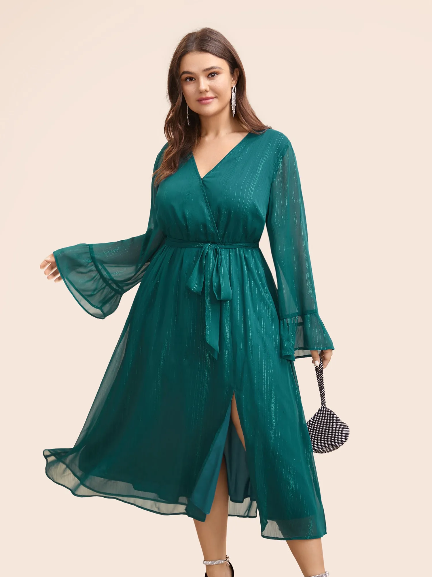 Chiffon Overlap Collar Split Hem Dress sold by Bloomchic
