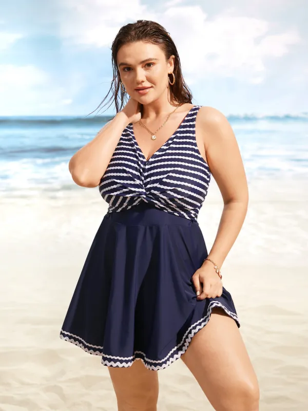 V Neck Striped Patchwork Twist Front Swim Dress sold by Bloomchic