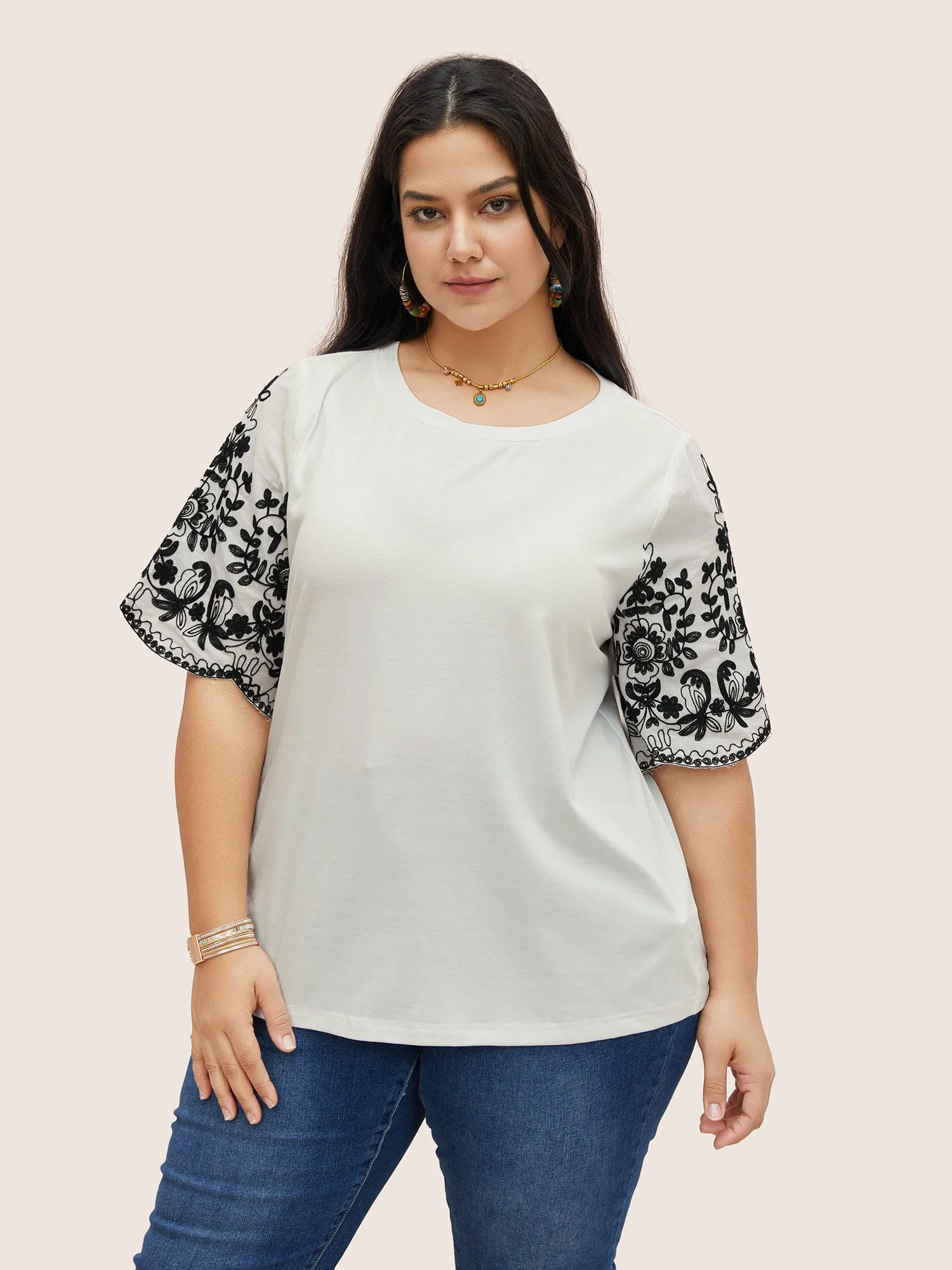 Round Neck Floral Embroidered Scalloped Trim T-shirt sold by Bloomchic