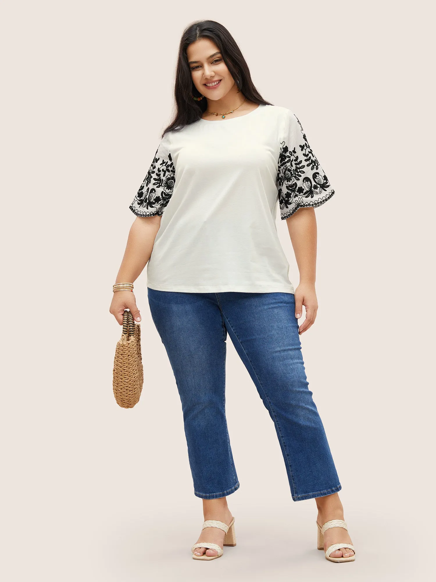 Round Neck Floral Embroidered Scalloped Trim T-shirt sold by Bloomchic product image thumbnail 3