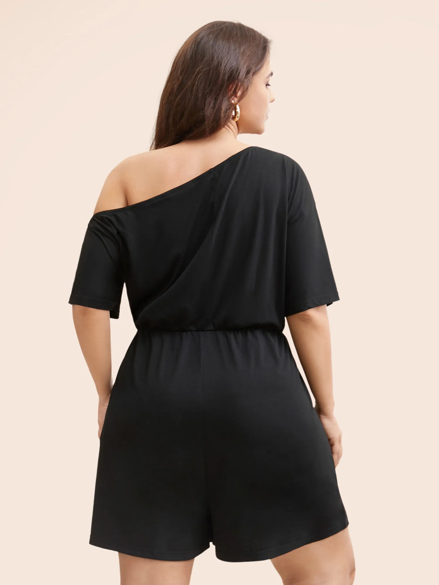 Solid Knotted Front Pocket One Shoulder Romper sold by Bloomchic product image thumbnail 4