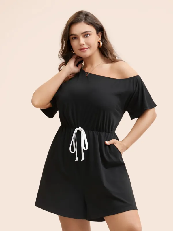 Solid Knotted Front Pocket One Shoulder Romper sold by Bloomchic