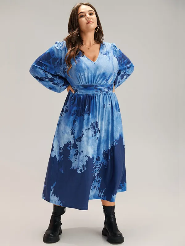 Tie Dye Ruched Pocket Lantern Sleeve Dress sold by Bloomchic