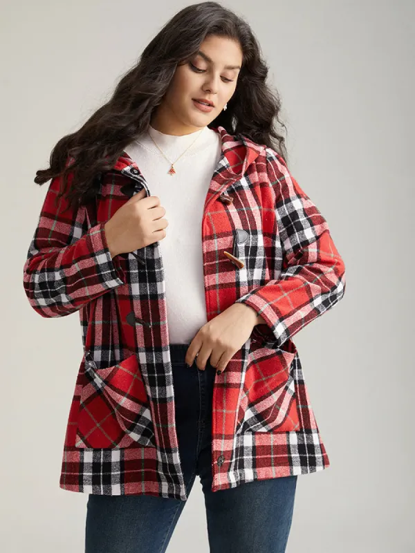 Plaid Hooded Pocket Duffle Button Coat sold by Bloomchic