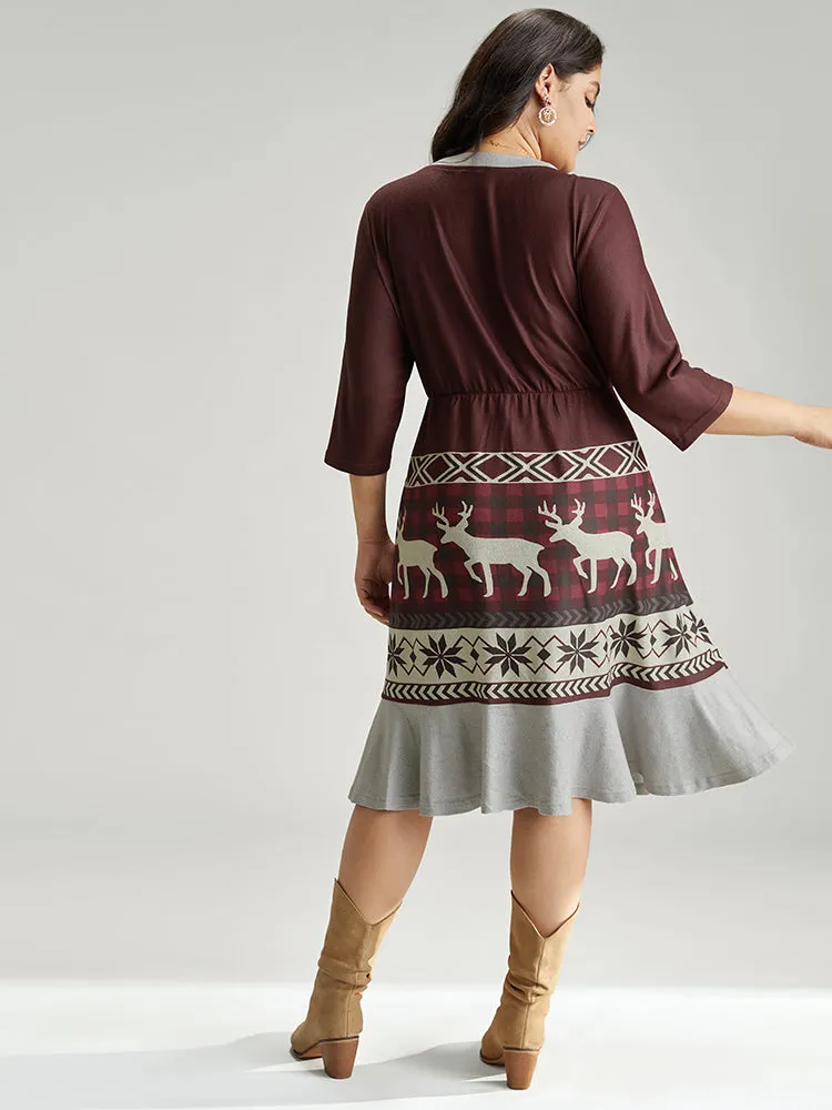 Christmas Elk Elastic Waist Patchwork Button Detail Dress sold by Bloomchic product image thumbnail 2