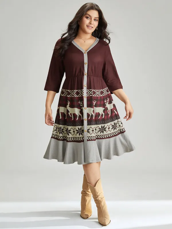 Christmas Elk Elastic Waist Patchwork Button Detail Dress sold by Bloomchic