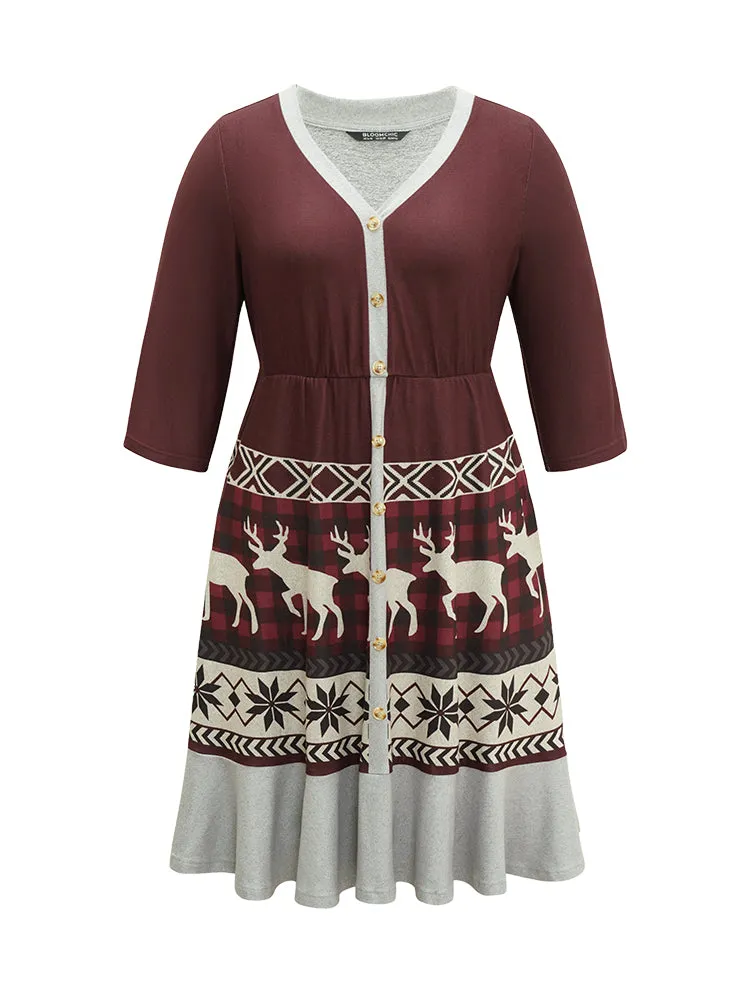 Christmas Elk Elastic Waist Patchwork Button Detail Dress sold by Bloomchic product image thumbnail 5