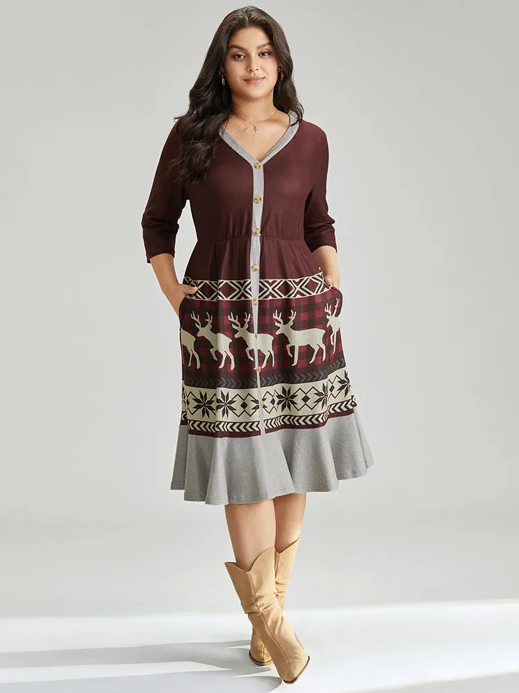 Christmas Elk Elastic Waist Patchwork Button Detail Dress sold by Bloomchic product image thumbnail 3