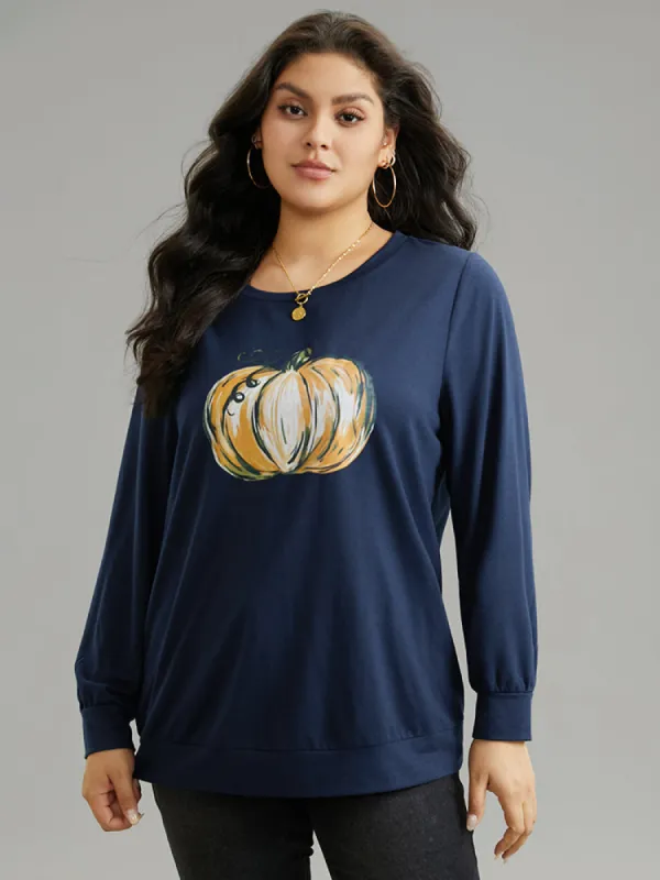 Round Neck Pumpkin Print Sweatshirt sold by Bloomchic