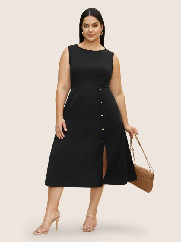 Solid Metal Detail Split Hem Sleeveless Dress sold by Bloomchic