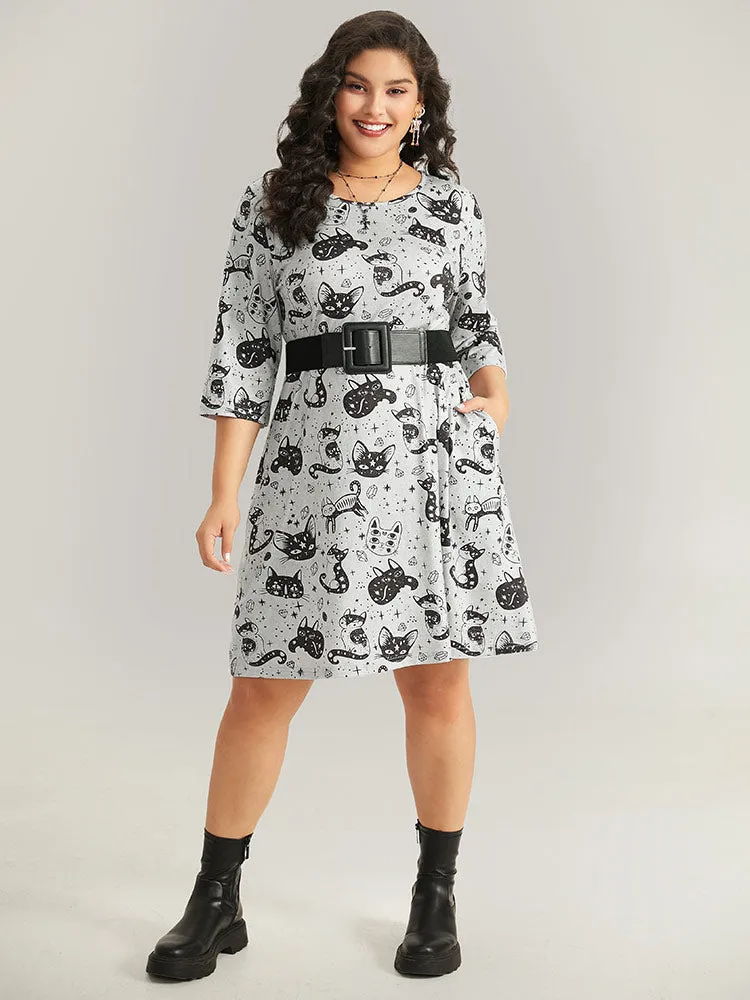 Halloween Cat Print Buckle Detail Dress With Belt sold by Bloomchic product image thumbnail 5