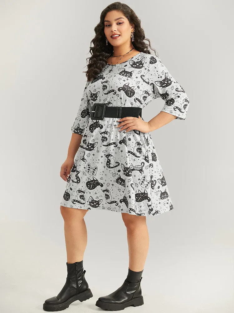 Halloween Cat Print Buckle Detail Dress With Belt sold by Bloomchic product image thumbnail 2
