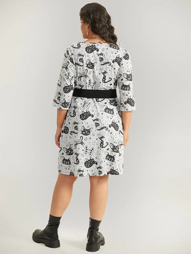 Halloween Cat Print Buckle Detail Dress With Belt sold by Bloomchic product image thumbnail 3