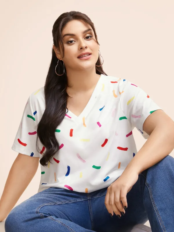 V-Neck Colorful Bar Print T-shirt made by Bloomchic