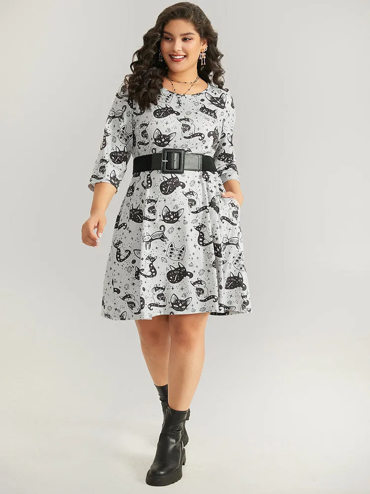 Halloween Cat Print Buckle Detail Dress With Belt sold by Bloomchic product image thumbnail 4