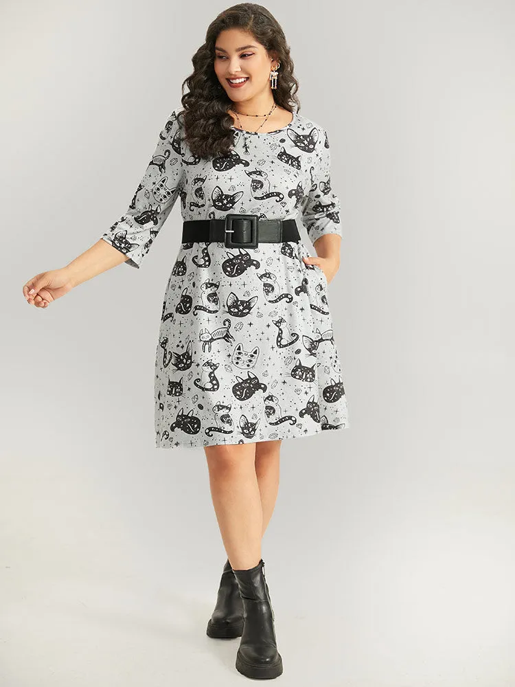 Halloween Cat Print Buckle Detail Dress With Belt sold by Bloomchic