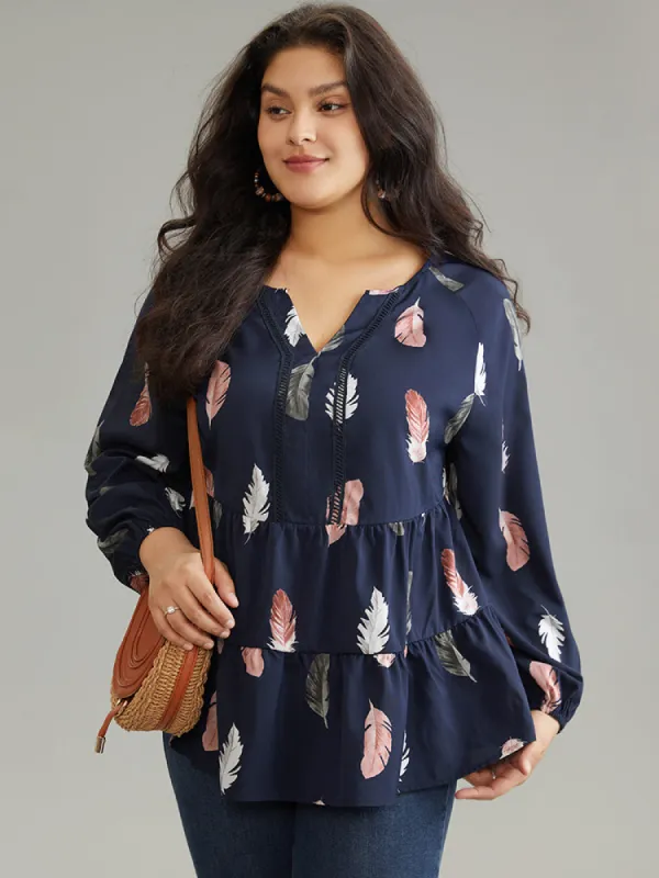 Feather Print Notched Tiered Ruffle Hem Blouse sold by Bloomchic