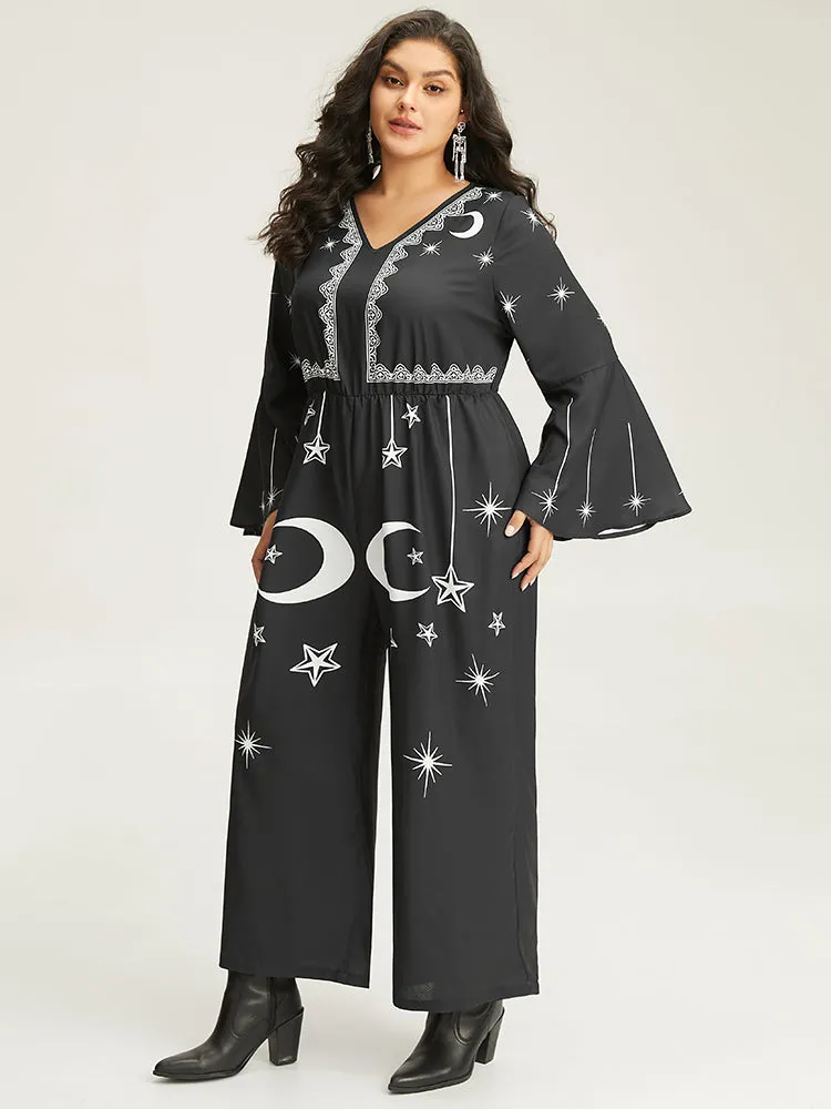 Halloween Moon & Star Elastic Waist Bell Sleeve Jumpsuit sold by Bloomchic