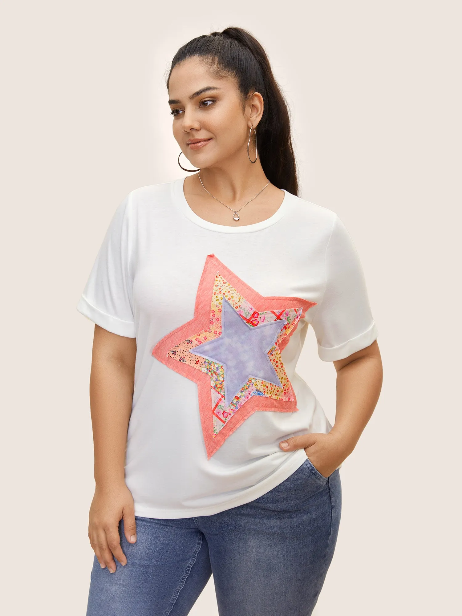 Star Embroidered Patch Crew Neck T-shirt sold by Bloomchic