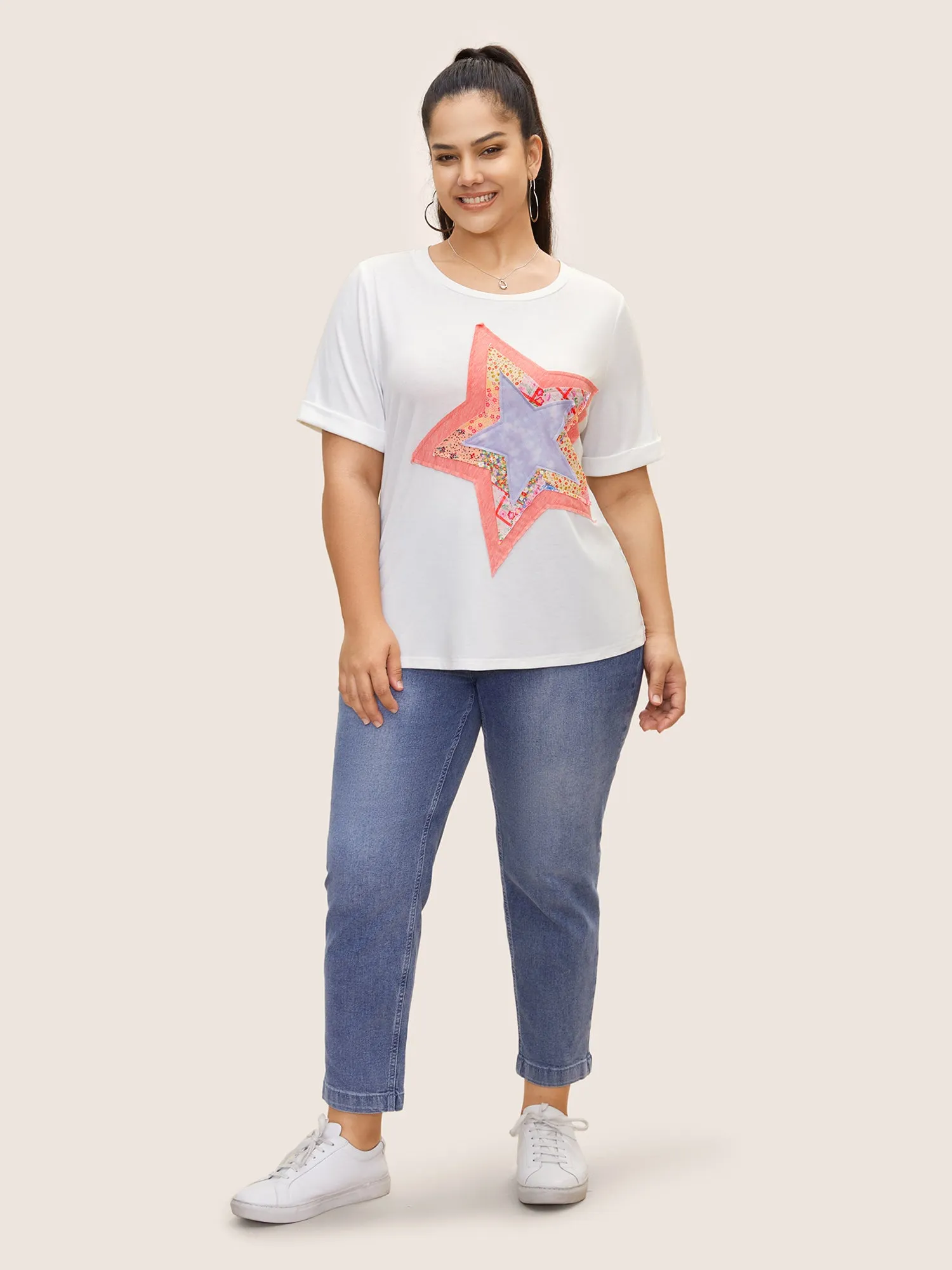 Star Embroidered Patch Crew Neck T-shirt sold by Bloomchic product image thumbnail 4