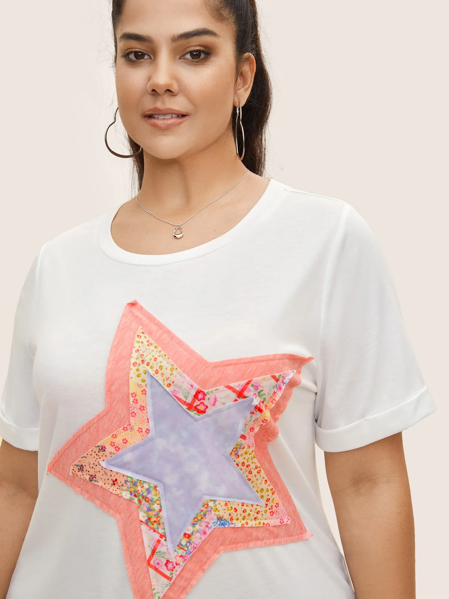 Star Embroidered Patch Crew Neck T-shirt sold by Bloomchic product image thumbnail 2