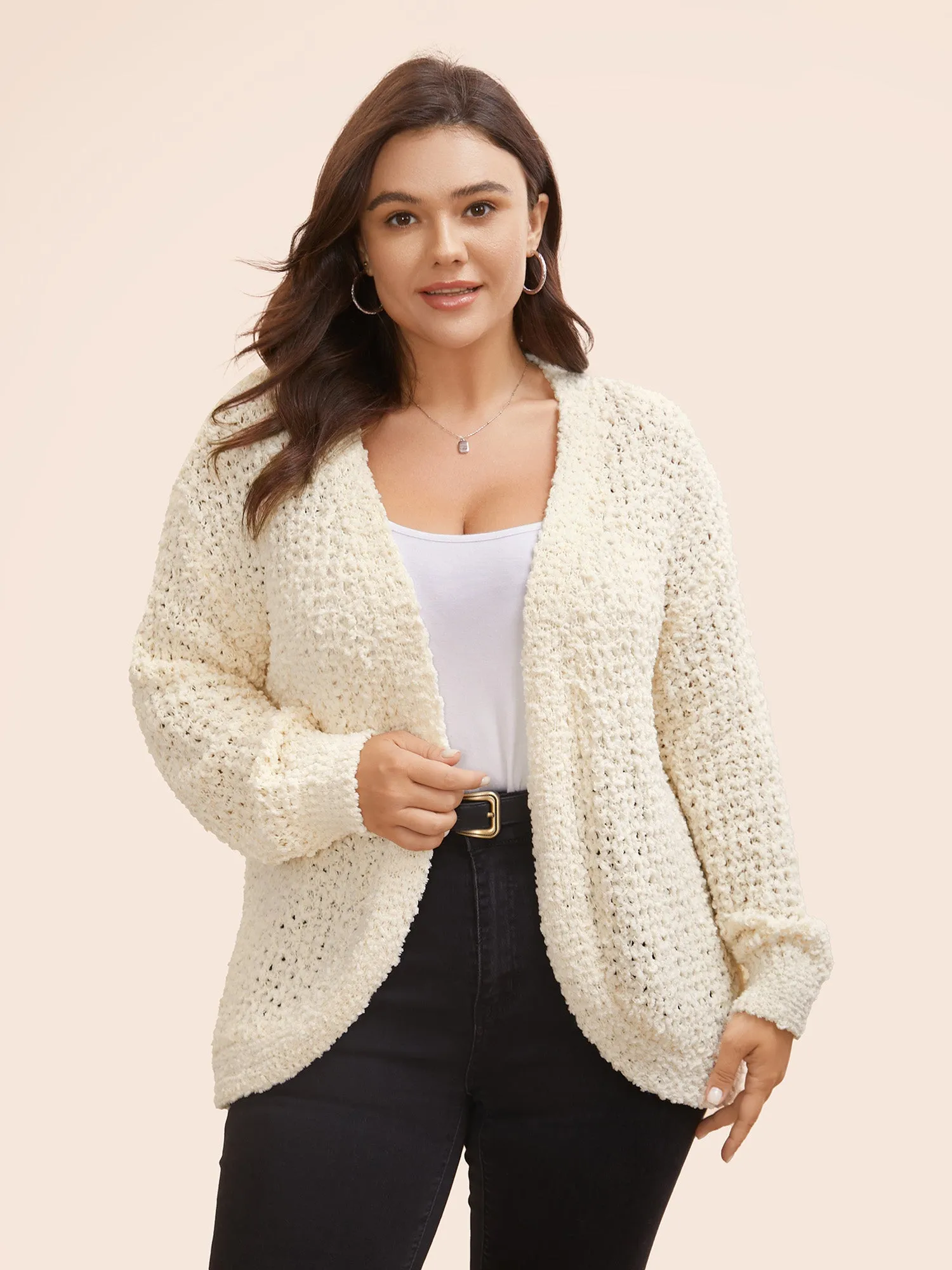 Solid Textured Curved Hem Cardigan sold by Bloomchic