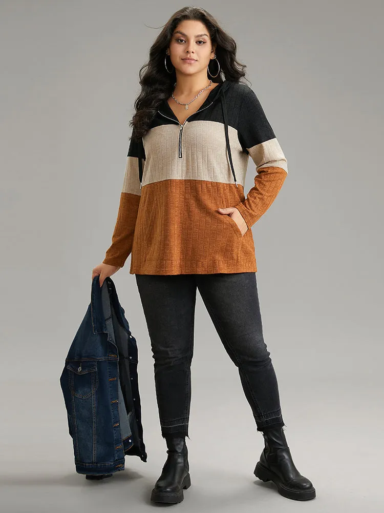 Rib Knit Colorblock Contrast Half Zip Hooded Sweatshirt sold by Bloomchic product image thumbnail 4