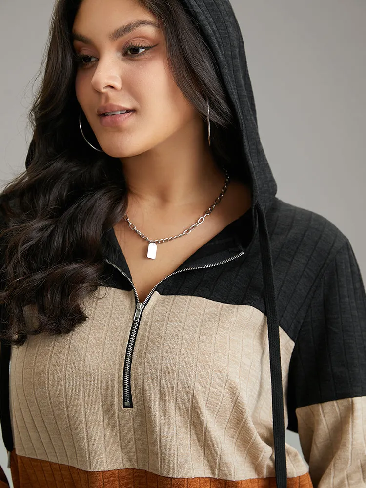 Rib Knit Colorblock Contrast Half Zip Hooded Sweatshirt sold by Bloomchic product image thumbnail 5