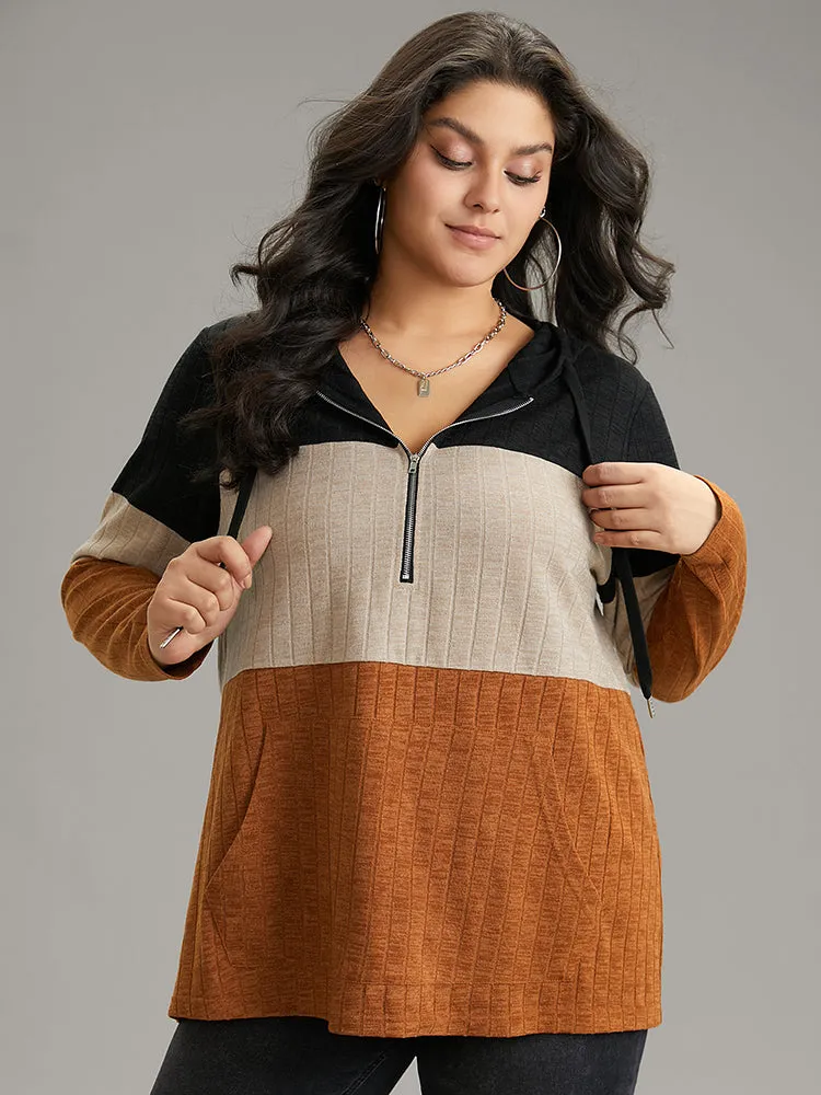 Rib Knit Colorblock Contrast Half Zip Hooded Sweatshirt sold by Bloomchic product image thumbnail 3