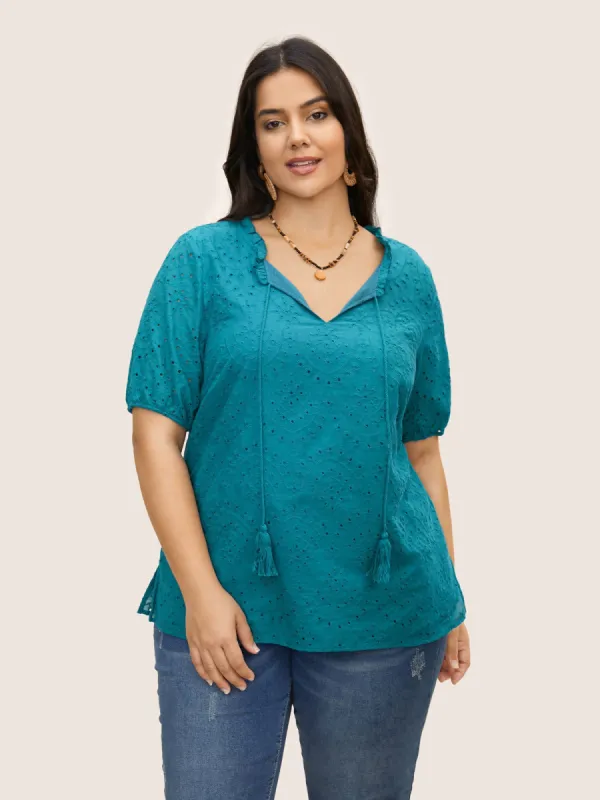 Broderie Anglaise Tassels Lantern Sleeve Blouse sold by Bloomchic