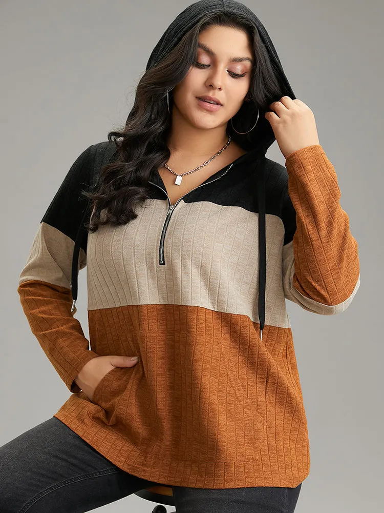 Rib Knit Colorblock Contrast Half Zip Hooded Sweatshirt sold by Bloomchic