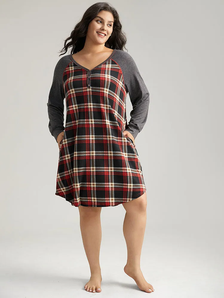 Plaid Patchwork Contrast Curved Hem Sleep Dress sold by Bloomchic