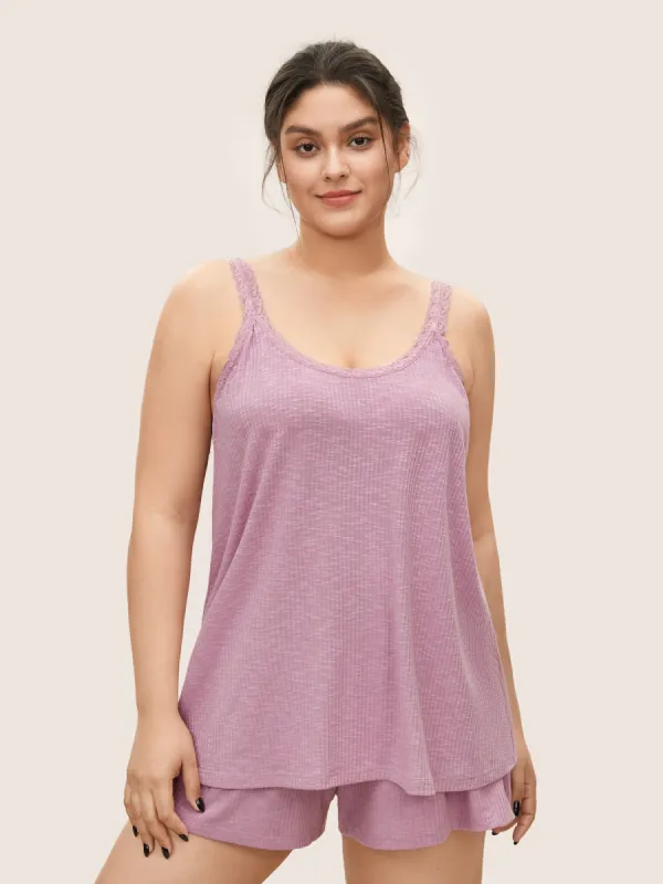 Plain Textured Lace Panel Cami Sleep Top sold by Bloomchic