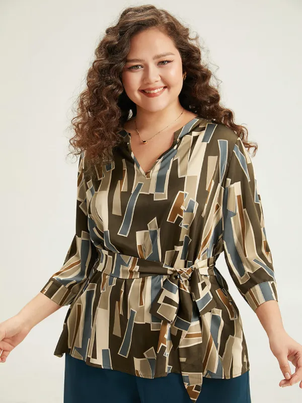 Geometric Colorblock Belted  Woven Blouse sold by Bloomchic