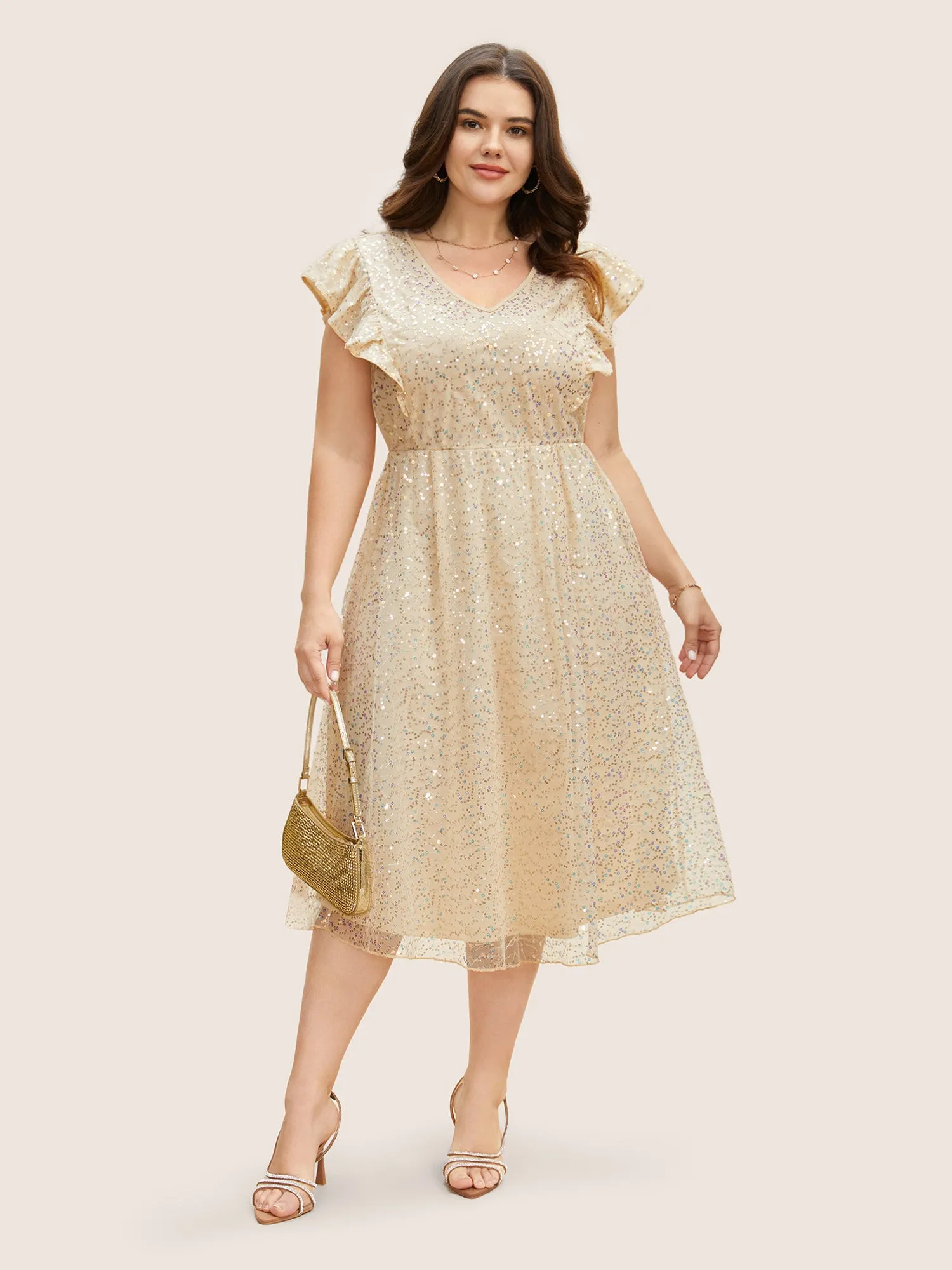 V Neck Sequin Mesh Ruffle Cap Sleeve Dress sold by Bloomchic