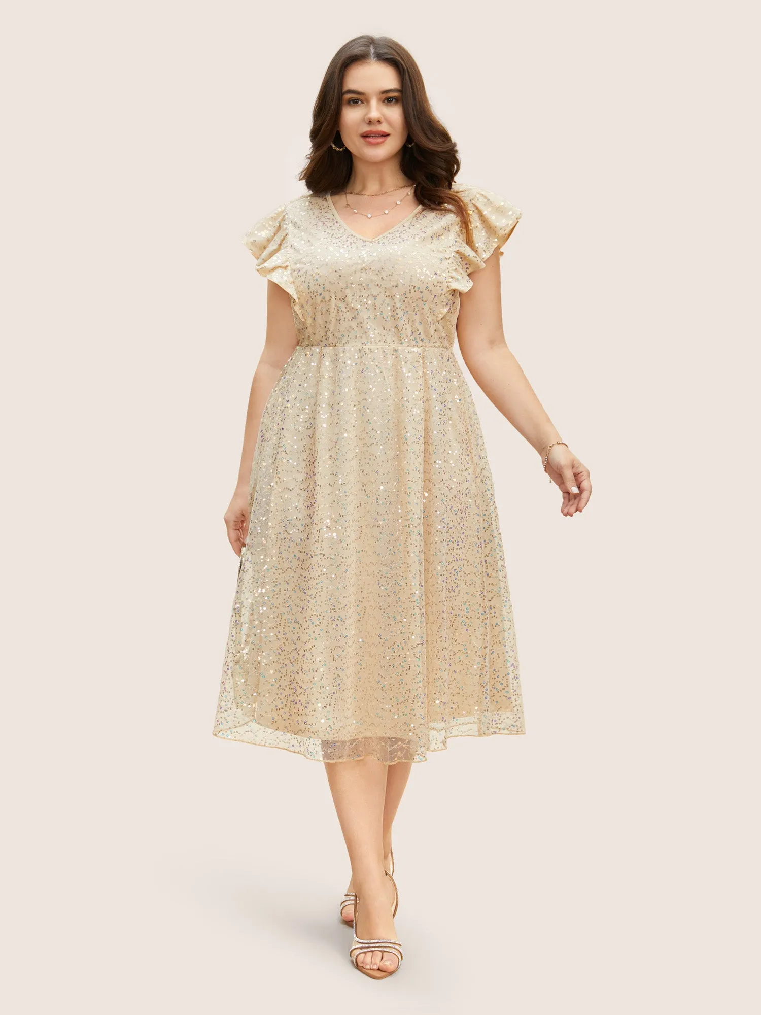 V Neck Sequin Mesh Ruffle Cap Sleeve Dress sold by Bloomchic product image thumbnail 4