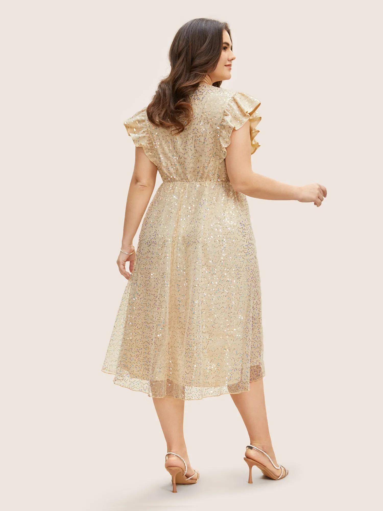 V Neck Sequin Mesh Ruffle Cap Sleeve Dress sold by Bloomchic product image thumbnail 3