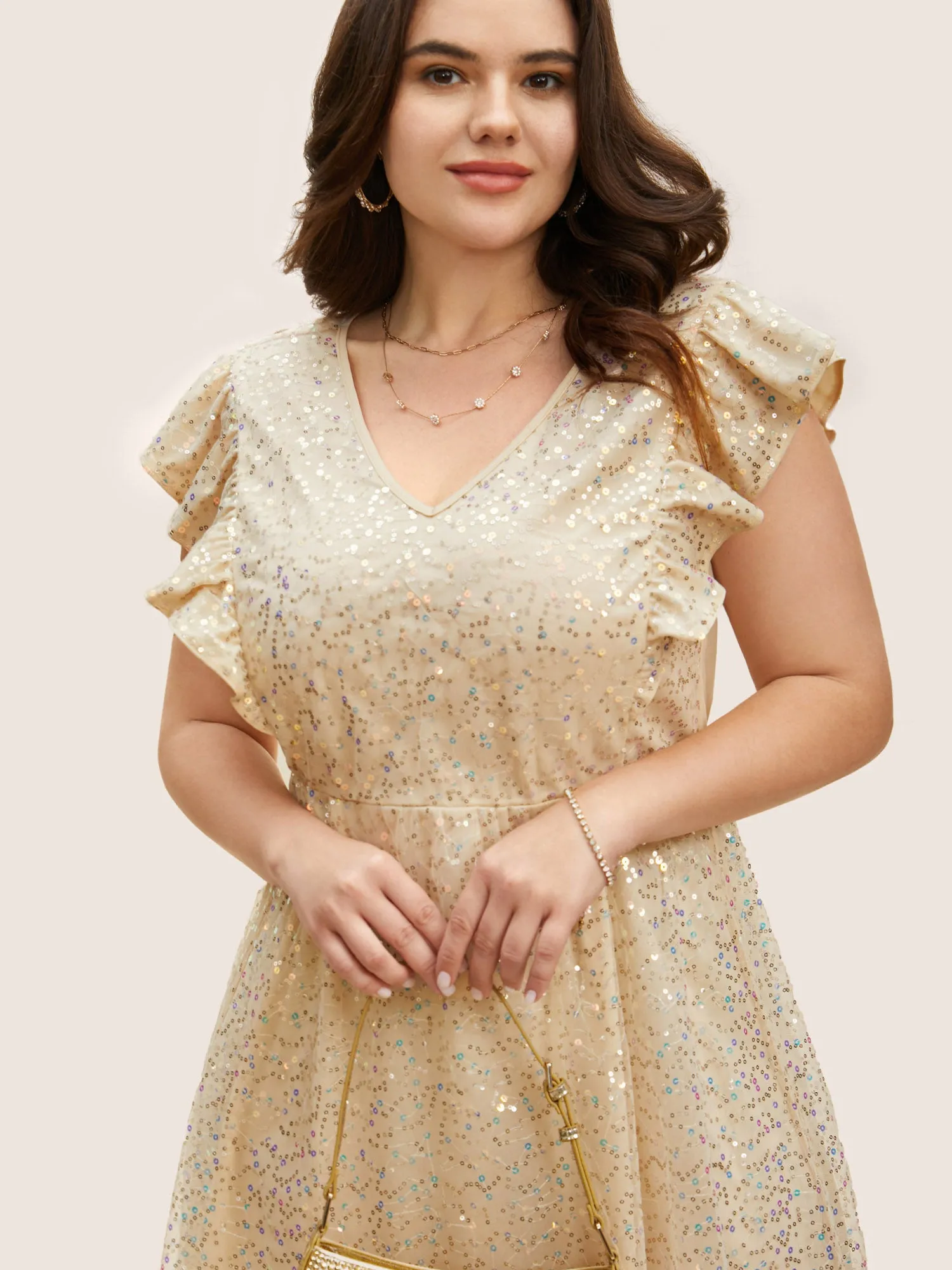 V Neck Sequin Mesh Ruffle Cap Sleeve Dress sold by Bloomchic product image thumbnail 2