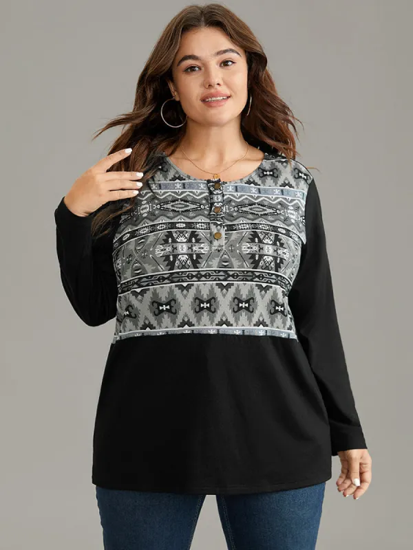 Boho Print Patchwork Button Up T-shirt sold by Bloomchic