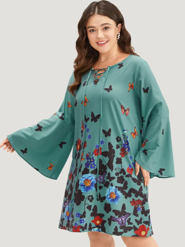 Butterfly & Floral Print Knot Neck Bell Sleeve Dress sold by Bloomchic product image thumbnail 4