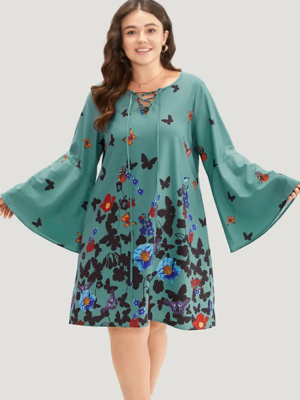 Butterfly & Floral Print Knot Neck Bell Sleeve Dress sold by Bloomchic