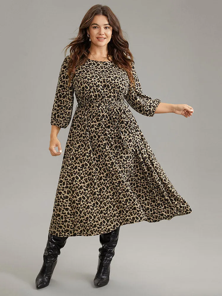 Leopard Elastic Waist Belted Round Neck Dress sold by Bloomchic