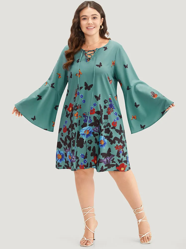Butterfly & Floral Print Knot Neck Bell Sleeve Dress sold by Bloomchic product image thumbnail 2