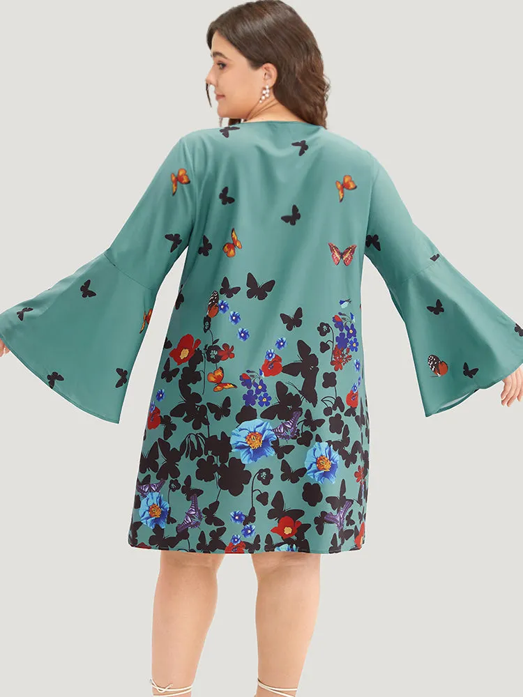 Butterfly & Floral Print Knot Neck Bell Sleeve Dress sold by Bloomchic product image thumbnail 3