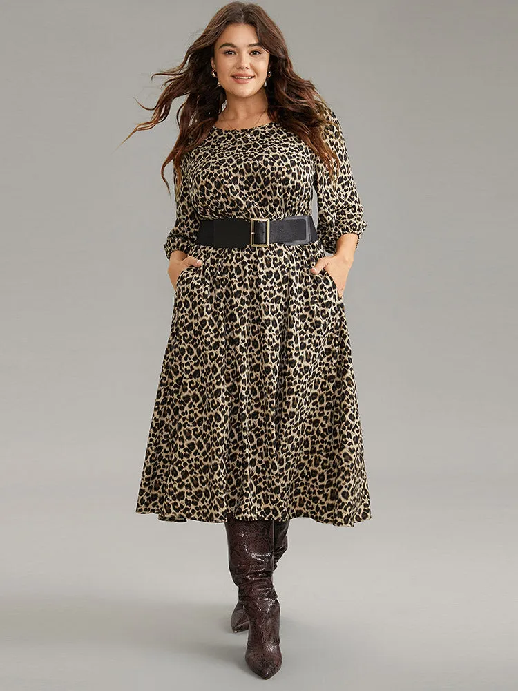 Leopard Elastic Waist Belted Round Neck Dress sold by Bloomchic product image thumbnail 3