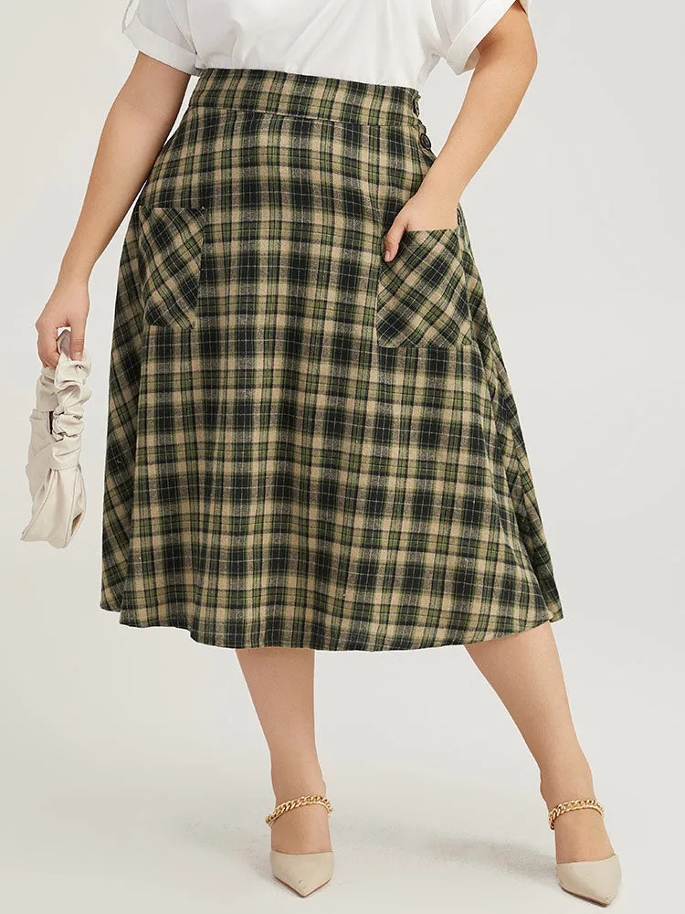 Plaid Patched Pocket Button Up Skirt sold by Bloomchic