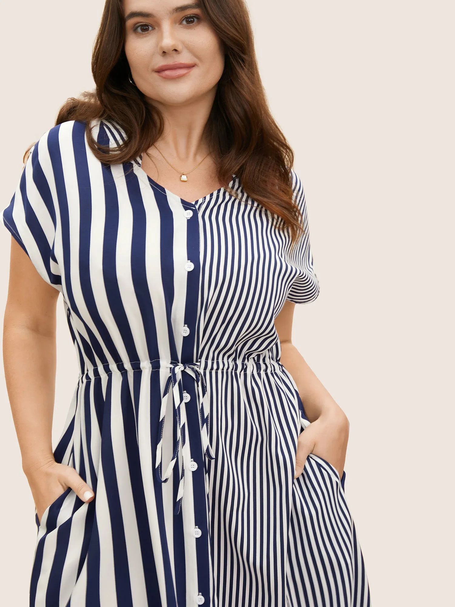Striped Patchwork Drawstring Dolman Sleeve Dress sold by Bloomchic product image thumbnail 2